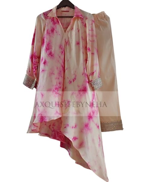 Asysmetrical Beige and Pink tie Dye set