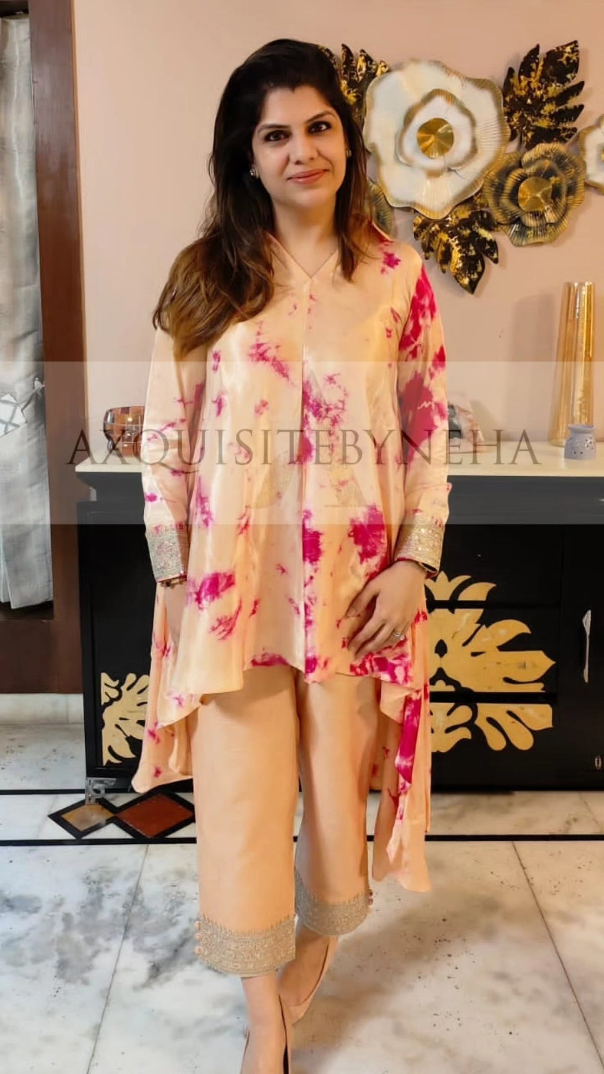 Asysmetrical Beige and Pink tie Dye set