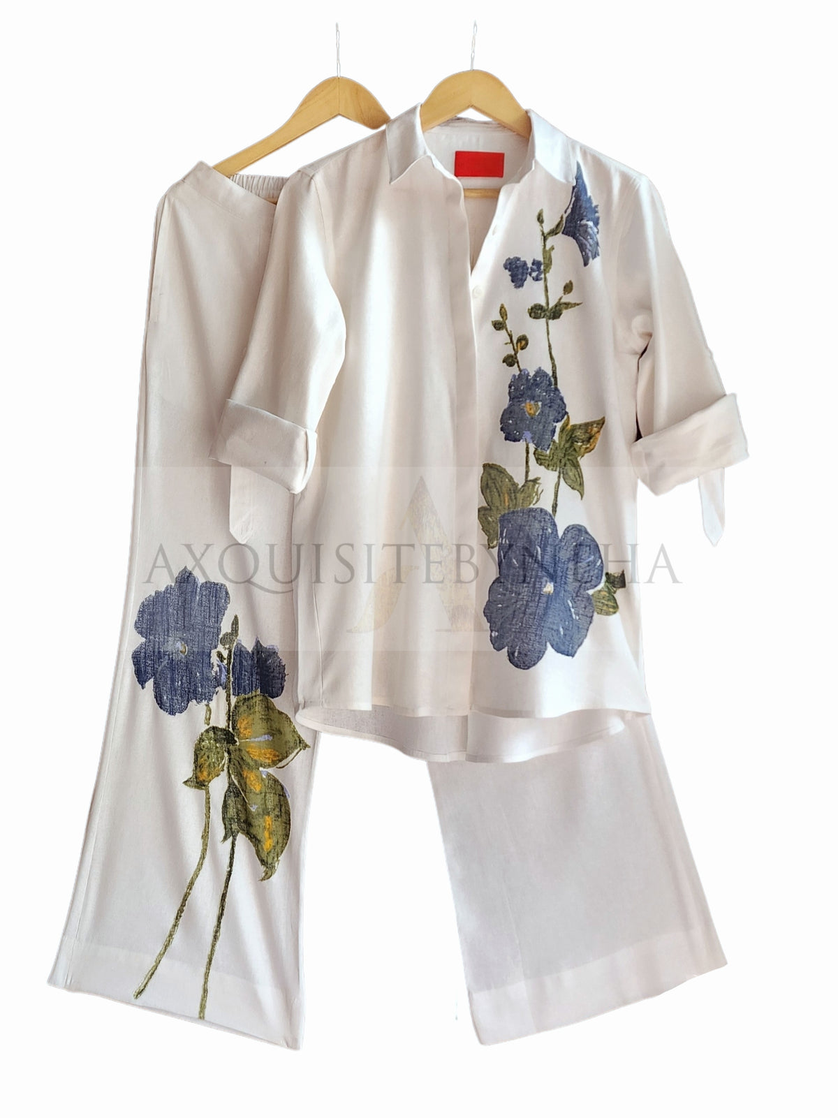 White Linen Blue Applique work